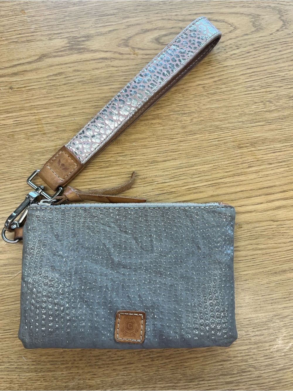 Consuela Gray Textured Wristlet with Pink Iridescent Strap